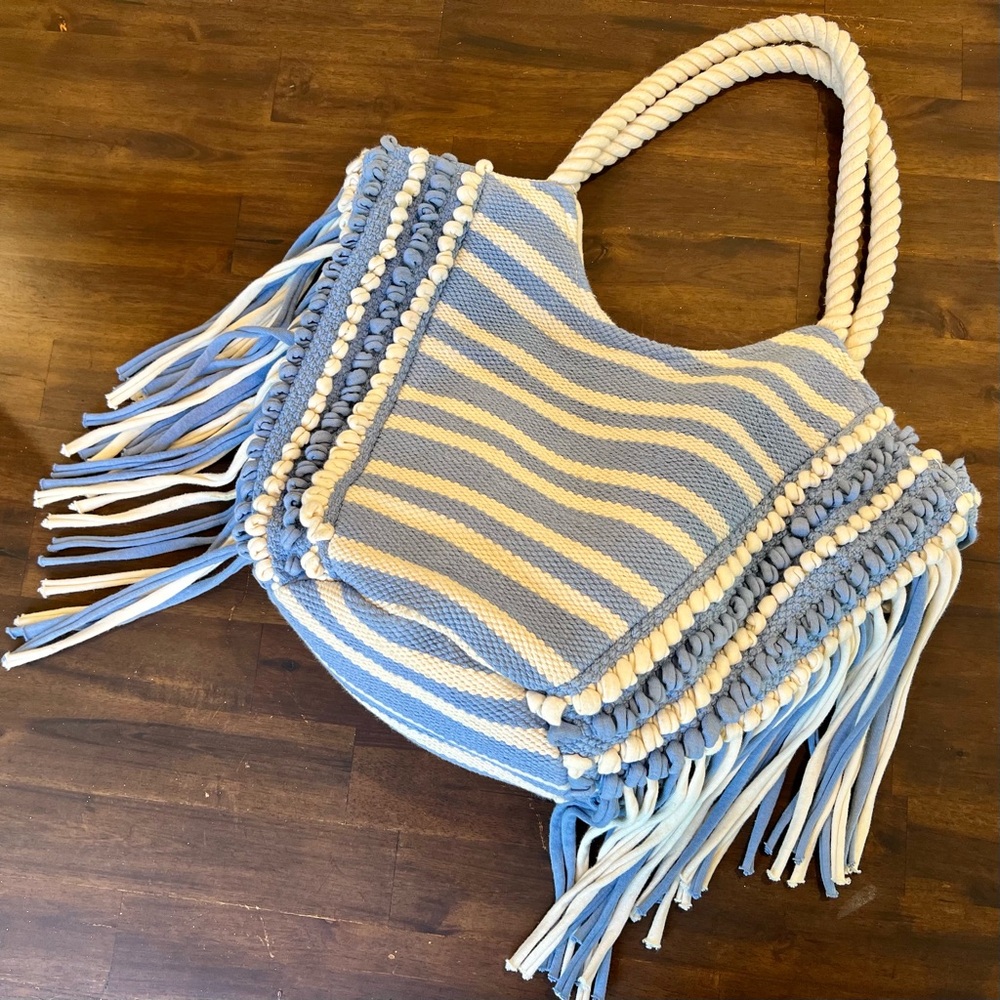 Blue/White Stripe Fringe Bag w Rope Handles
